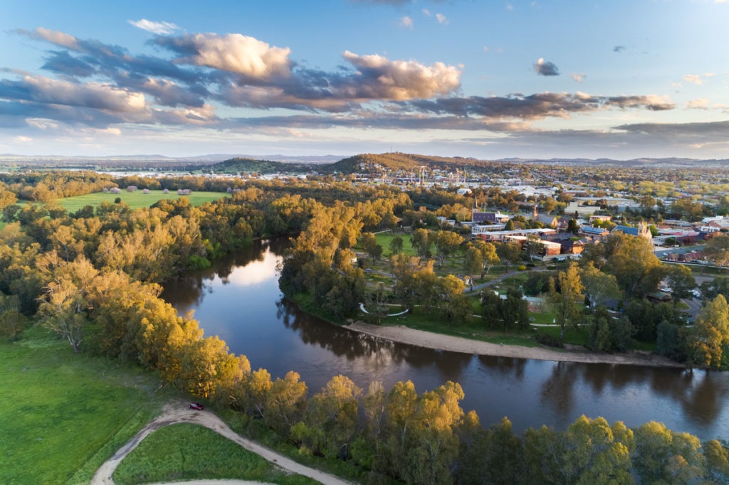 Sunset over the Murrumbidgee River in Wagga Wagga aerial drone view